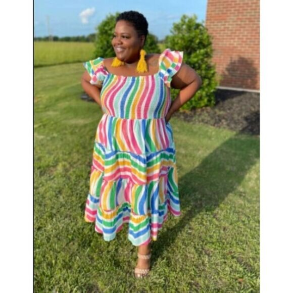 Crown & Ivy Womens Size L Cotton Striped Ruffle Pullover Midi Teired Dress Party - Picture 4 of 14